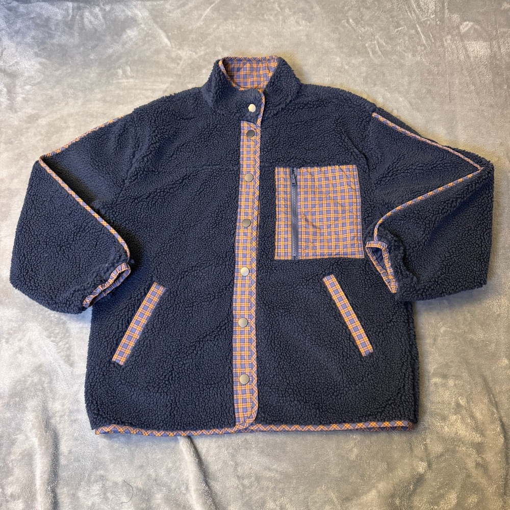Loeffler Randall Medium Navy Blue Sherpa Fleece Jacket Orange Plaid Coat RARE